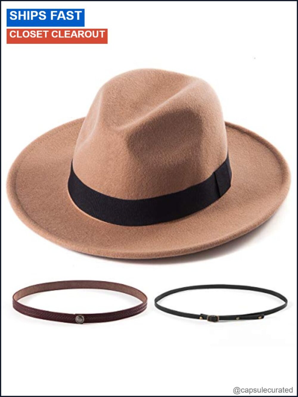 Felt Wide Brim Fedora Hat with Band Belt Buckle Adjustable